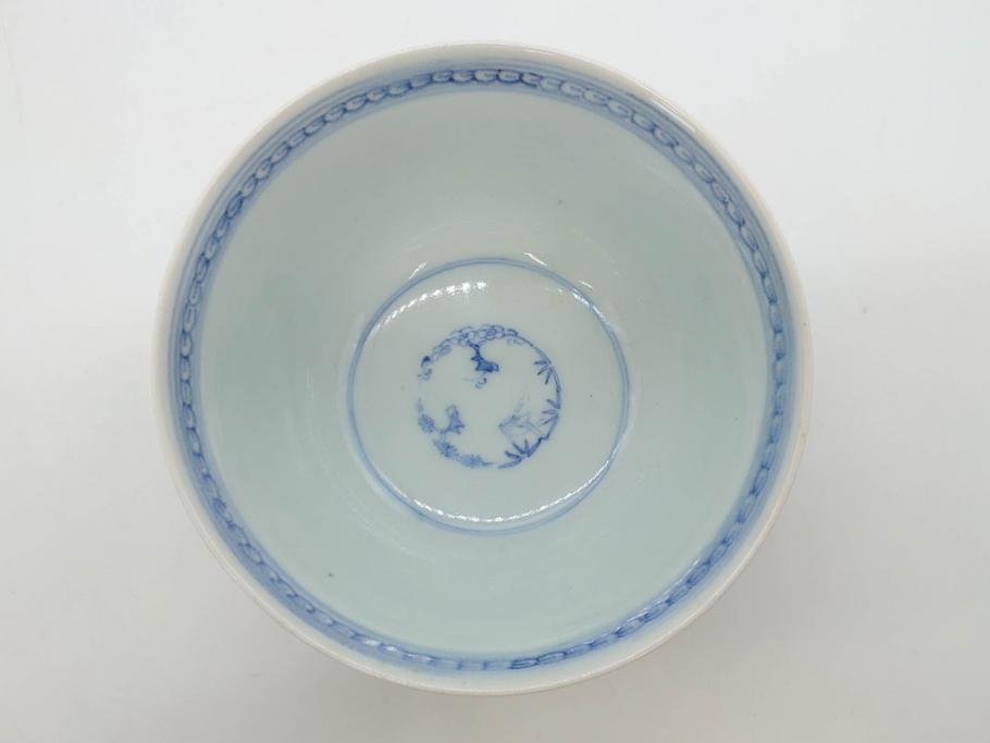 江戸期　古伊万里　微塵唐草文染付　松竹梅　約12cm　3.8寸　繊細な絵付けが見事な蓋付き茶碗3客セット(和食器、三寸八分)(R-077135)