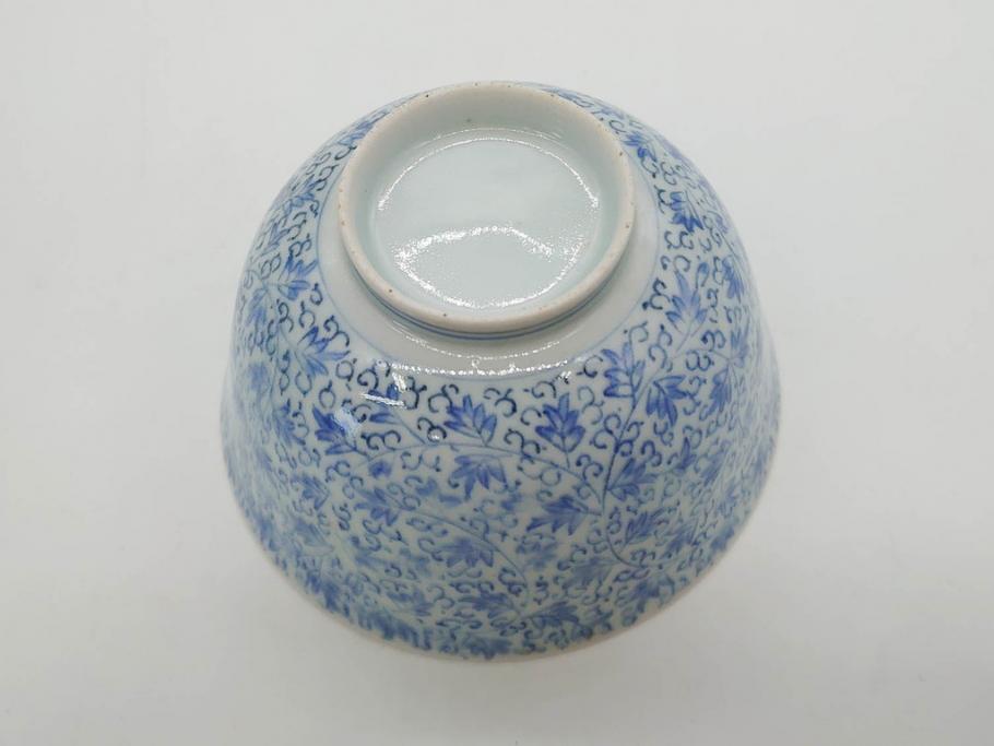 江戸期　古伊万里　微塵唐草文染付　松竹梅　約12cm　3.8寸　繊細な絵付けが見事な蓋付き茶碗3客セット(和食器、三寸八分)(R-077135)