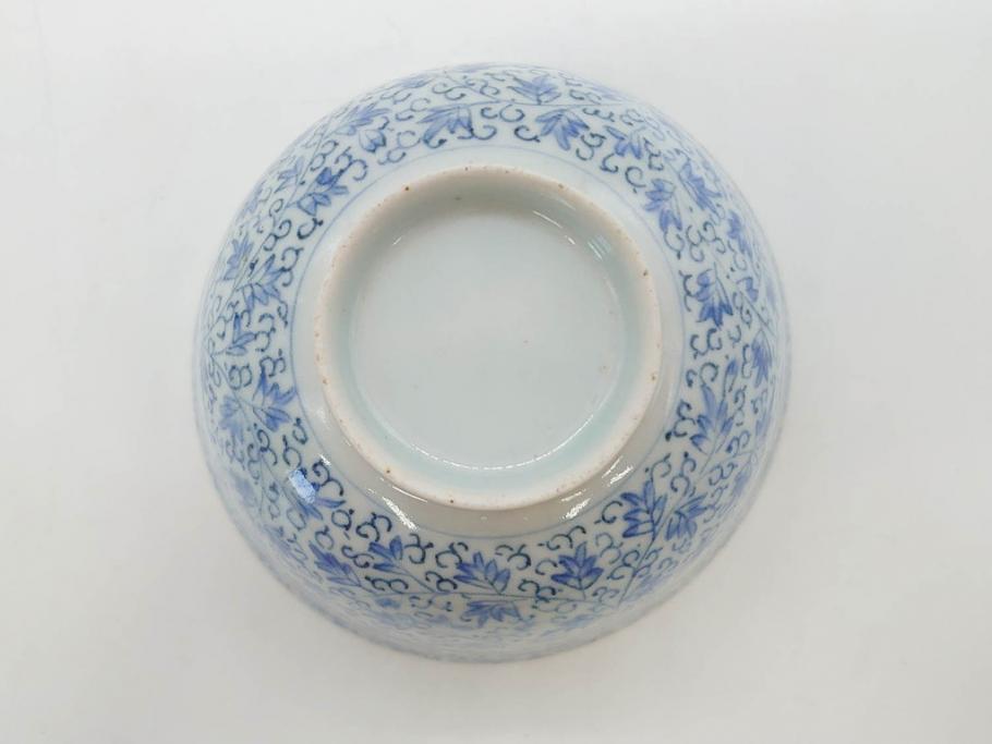 江戸期　古伊万里　微塵唐草文染付　松竹梅　約12cm　3.8寸　繊細な絵付けが見事な蓋付き茶碗3客セット(和食器、三寸八分)(R-077135)
