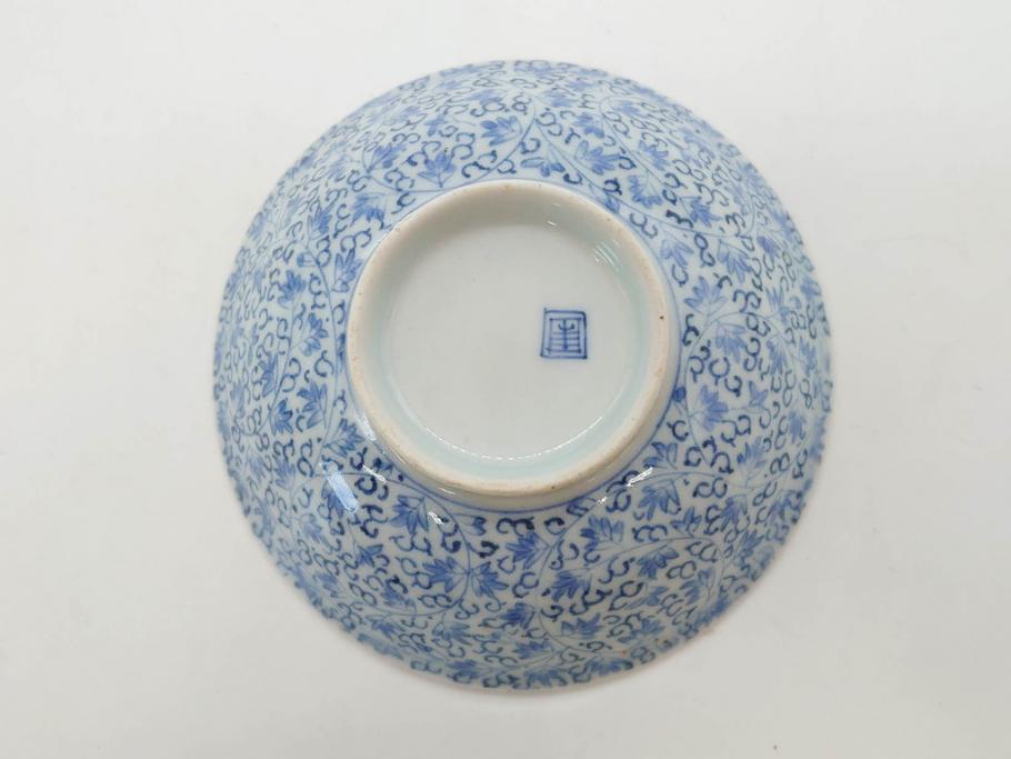 江戸期　古伊万里　微塵唐草文染付　松竹梅　約12cm　3.8寸　繊細な絵付けが見事な蓋付き茶碗3客セット(和食器、三寸八分)(R-077135)