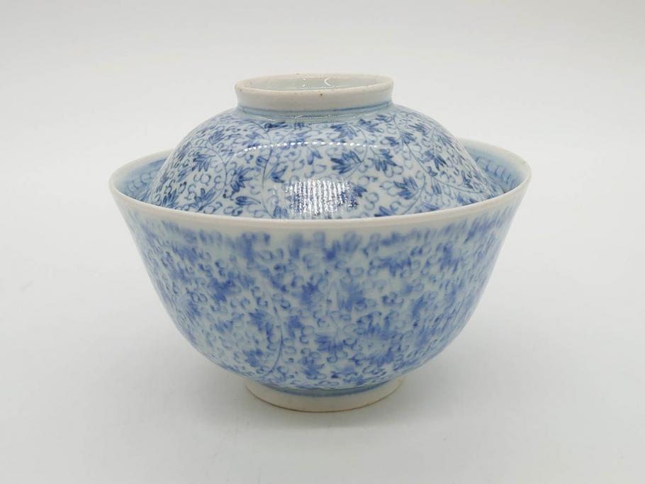 江戸期　古伊万里　微塵唐草文染付　松竹梅　約12cm　3.8寸　繊細な絵付けが見事な蓋付き茶碗3客セット(和食器、三寸八分)(R-077135)