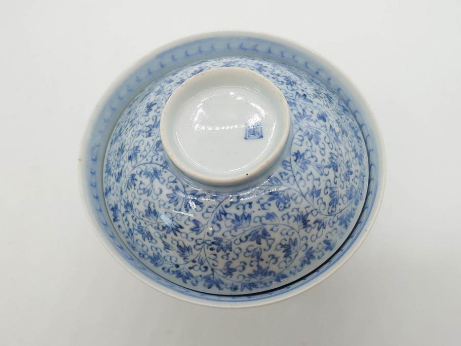 江戸期　古伊万里　微塵唐草文染付　松竹梅　約12cm　3.8寸　繊細な絵付けが見事な蓋付き茶碗3客セット(和食器、三寸八分)(R-077135)