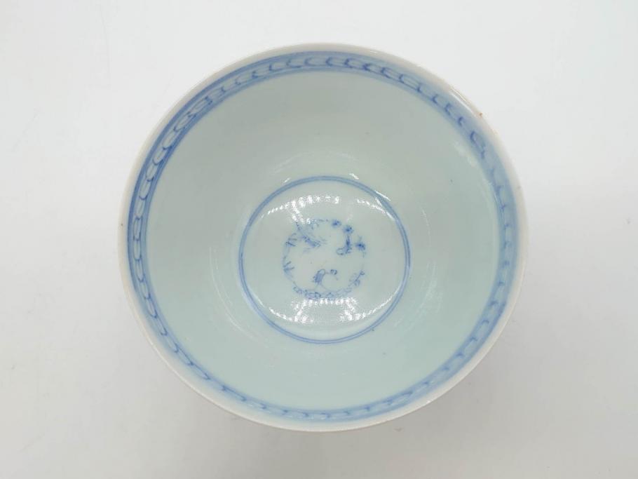 江戸期　古伊万里　微塵唐草文染付　松竹梅　約12cm　3.8寸　繊細な絵付けが見事な蓋付き茶碗3客セット(和食器、三寸八分)(R-077135)