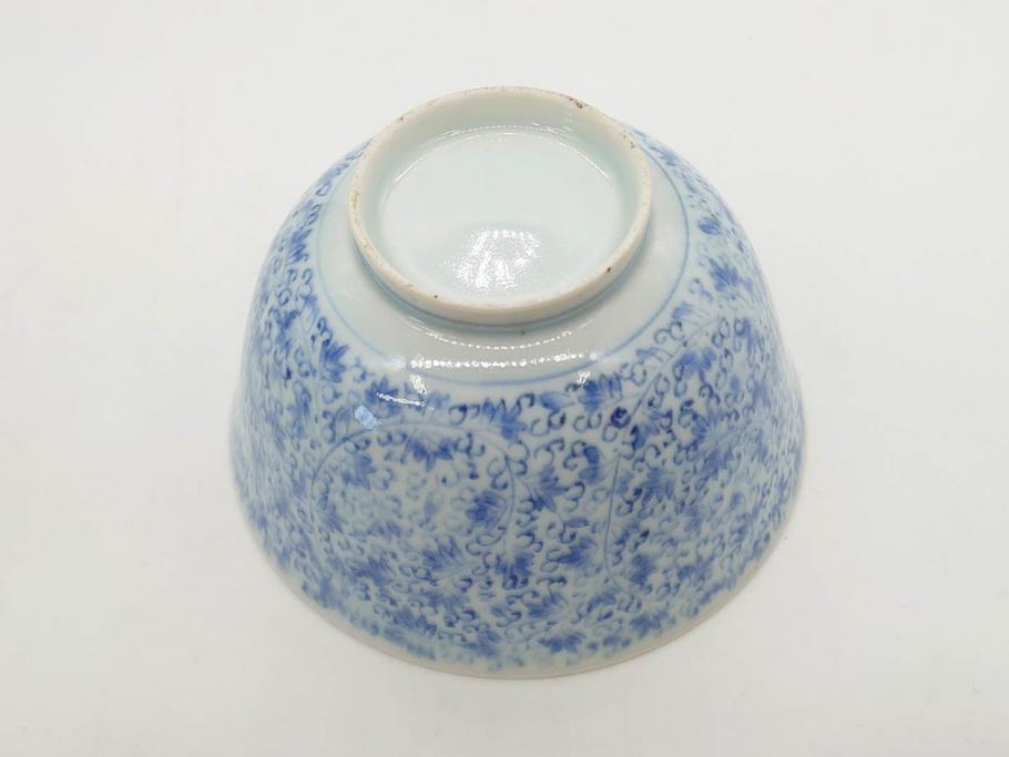 江戸期　古伊万里　微塵唐草文染付　松竹梅　約12cm　3.8寸　繊細な絵付けが見事な蓋付き茶碗3客セット(和食器、三寸八分)(R-077135)