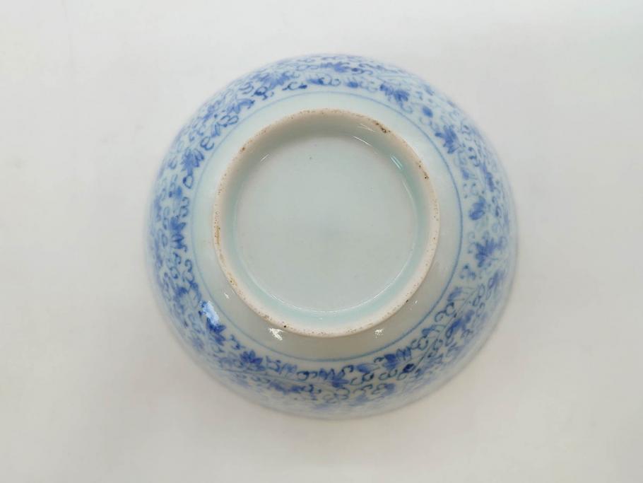 江戸期　古伊万里　微塵唐草文染付　松竹梅　約12cm　3.8寸　繊細な絵付けが見事な蓋付き茶碗3客セット(和食器、三寸八分)(R-077135)