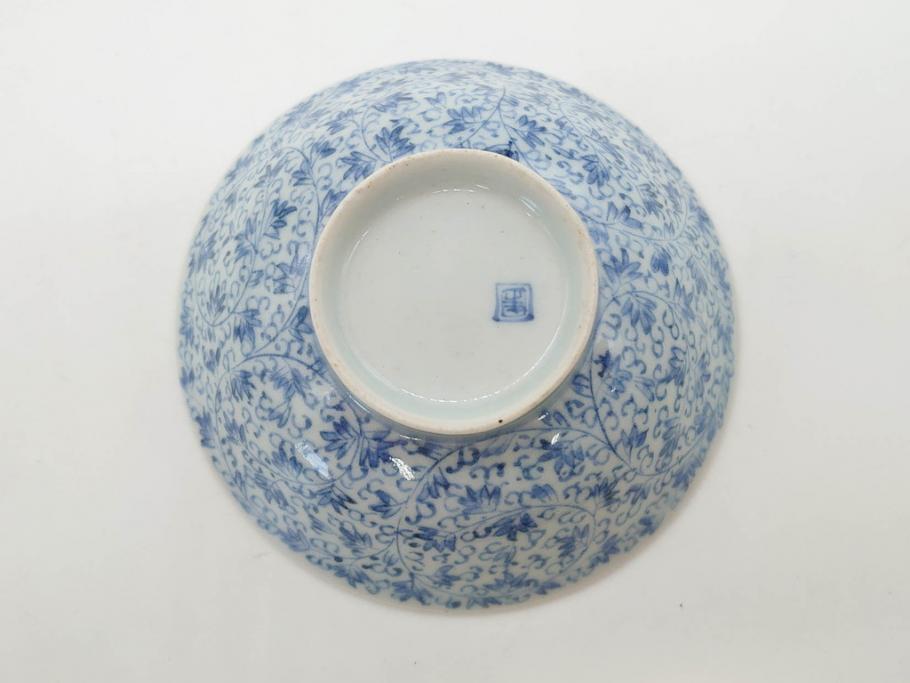 江戸期　古伊万里　微塵唐草文染付　松竹梅　約12cm　3.8寸　繊細な絵付けが見事な蓋付き茶碗3客セット(和食器、三寸八分)(R-077135)
