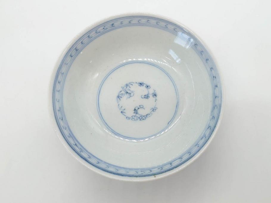 江戸期　古伊万里　微塵唐草文染付　松竹梅　約12cm　3.8寸　繊細な絵付けが見事な蓋付き茶碗3客セット(和食器、三寸八分)(R-077135)