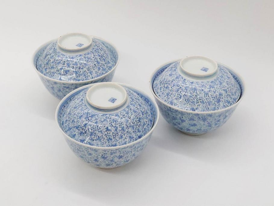 江戸期　古伊万里　微塵唐草文染付　松竹梅　約12cm　3.8寸　繊細な絵付けが見事な蓋付き茶碗3客セット(和食器、三寸八分)(R-077160)