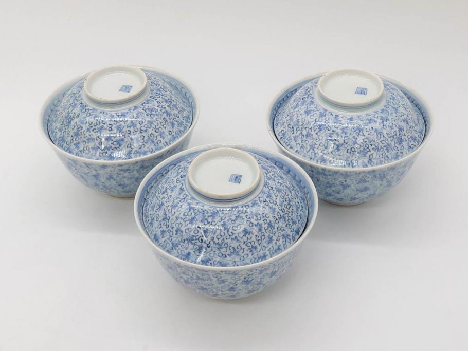 江戸期　古伊万里　微塵唐草文染付　松竹梅　約12cm　3.8寸　繊細な絵付けが見事な蓋付き茶碗3客セット(和食器、三寸八分)(R-077160)