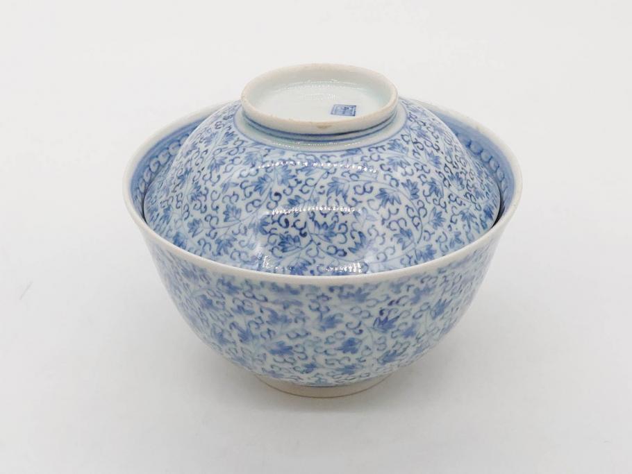 江戸期　古伊万里　微塵唐草文染付　松竹梅　約12cm　3.8寸　繊細な絵付けが見事な蓋付き茶碗3客セット(和食器、三寸八分)(R-077160)