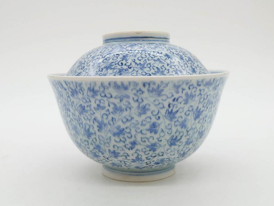 江戸期　古伊万里　微塵唐草文染付　松竹梅　約12cm　3.8寸　繊細な絵付けが見事な蓋付き茶碗3客セット(和食器、三寸八分)(R-077160)