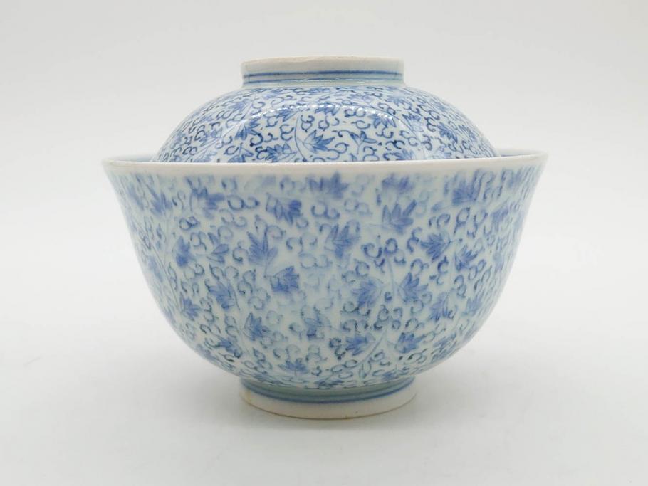 江戸期　古伊万里　微塵唐草文染付　松竹梅　約12cm　3.8寸　繊細な絵付けが見事な蓋付き茶碗3客セット(和食器、三寸八分)(R-077160)