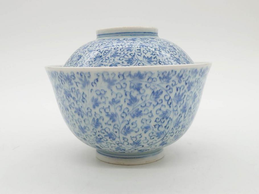 江戸期　古伊万里　微塵唐草文染付　松竹梅　約12cm　3.8寸　繊細な絵付けが見事な蓋付き茶碗3客セット(和食器、三寸八分)(R-077160)