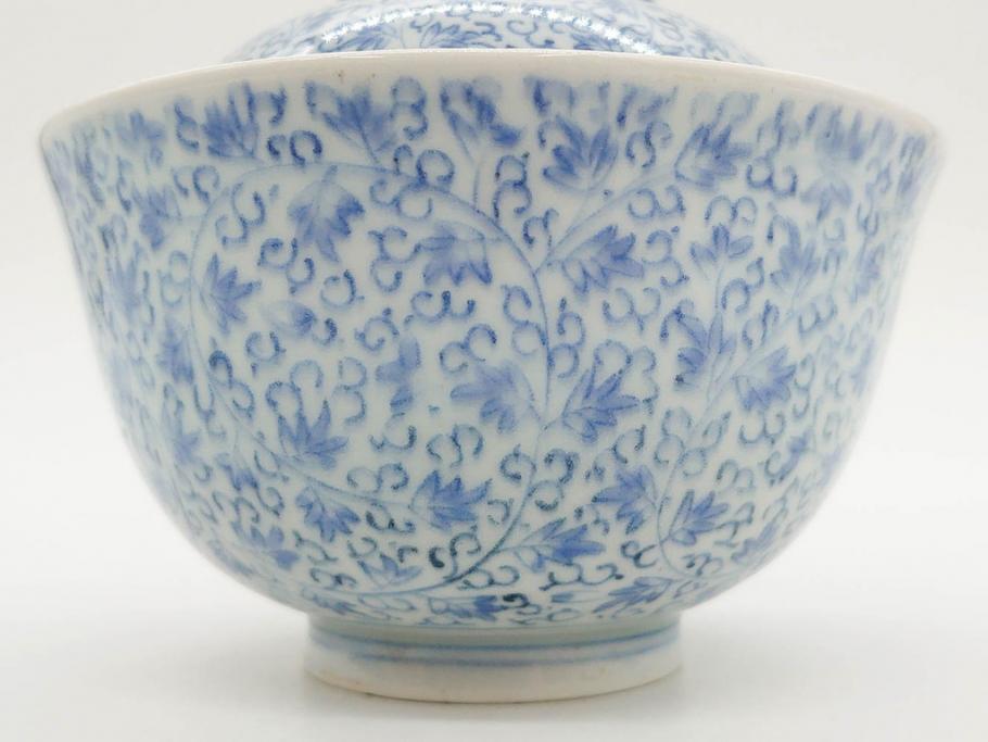 江戸期　古伊万里　微塵唐草文染付　松竹梅　約12cm　3.8寸　繊細な絵付けが見事な蓋付き茶碗3客セット(和食器、三寸八分)(R-077160)