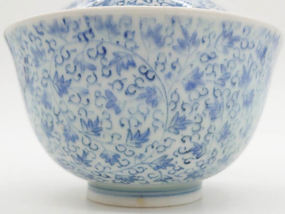 江戸期　古伊万里　微塵唐草文染付　松竹梅　約12cm　3.8寸　繊細な絵付けが見事な蓋付き茶碗3客セット(和食器、三寸八分)(R-077160)