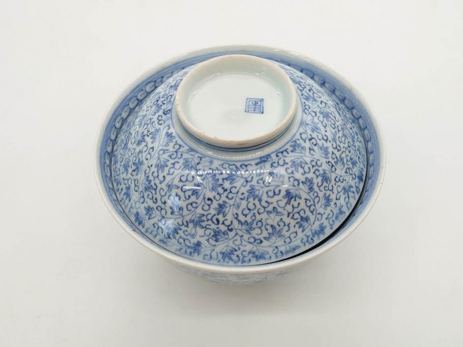 江戸期　古伊万里　微塵唐草文染付　松竹梅　約12cm　3.8寸　繊細な絵付けが見事な蓋付き茶碗3客セット(和食器、三寸八分)(R-077160)