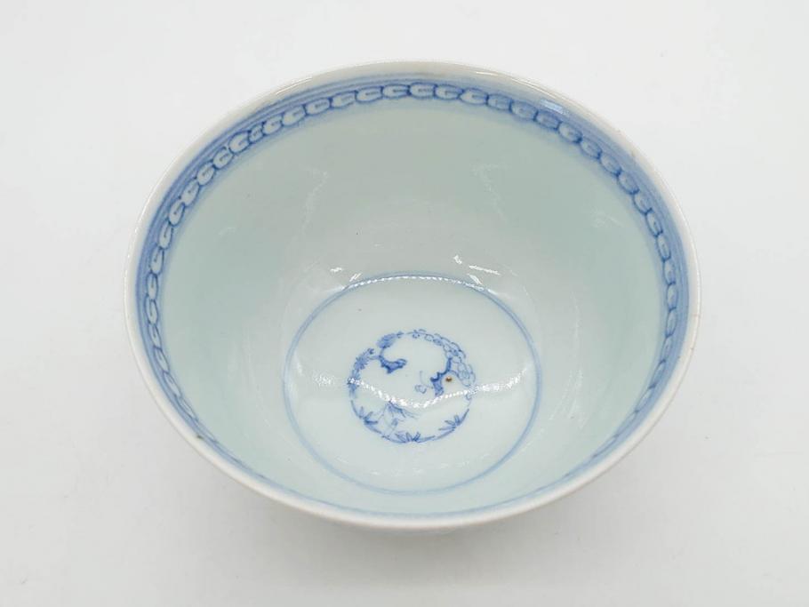 江戸期　古伊万里　微塵唐草文染付　松竹梅　約12cm　3.8寸　繊細な絵付けが見事な蓋付き茶碗3客セット(和食器、三寸八分)(R-077160)