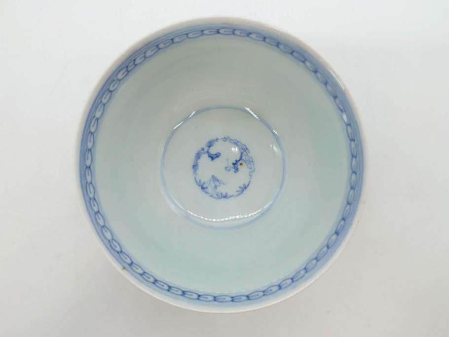 江戸期　古伊万里　微塵唐草文染付　松竹梅　約12cm　3.8寸　繊細な絵付けが見事な蓋付き茶碗3客セット(和食器、三寸八分)(R-077160)