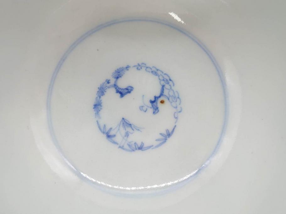 江戸期　古伊万里　微塵唐草文染付　松竹梅　約12cm　3.8寸　繊細な絵付けが見事な蓋付き茶碗3客セット(和食器、三寸八分)(R-077160)