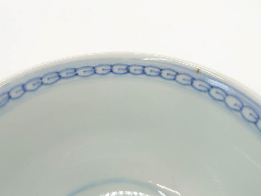 江戸期　古伊万里　微塵唐草文染付　松竹梅　約12cm　3.8寸　繊細な絵付けが見事な蓋付き茶碗3客セット(和食器、三寸八分)(R-077160)