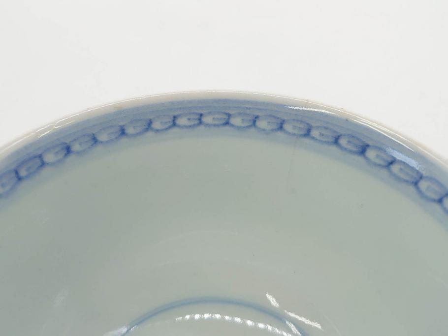 江戸期　古伊万里　微塵唐草文染付　松竹梅　約12cm　3.8寸　繊細な絵付けが見事な蓋付き茶碗3客セット(和食器、三寸八分)(R-077160)