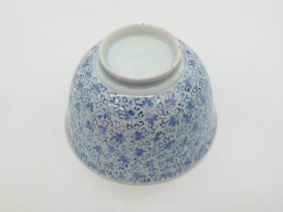 江戸期　古伊万里　微塵唐草文染付　松竹梅　約12cm　3.8寸　繊細な絵付けが見事な蓋付き茶碗3客セット(和食器、三寸八分)(R-077160)