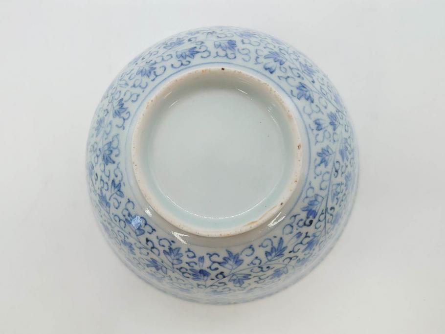 江戸期　古伊万里　微塵唐草文染付　松竹梅　約12cm　3.8寸　繊細な絵付けが見事な蓋付き茶碗3客セット(和食器、三寸八分)(R-077160)