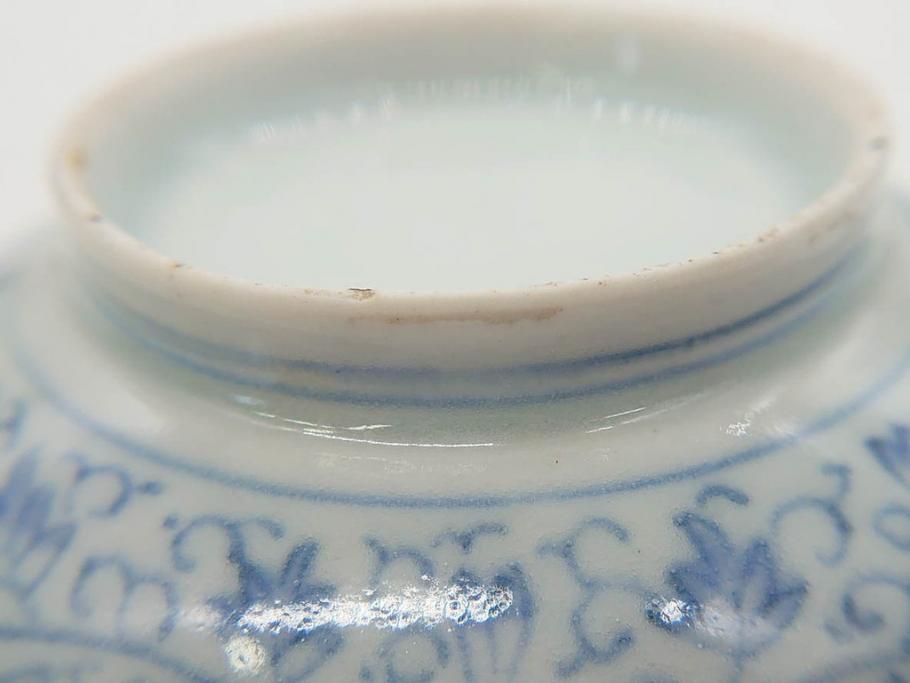 江戸期　古伊万里　微塵唐草文染付　松竹梅　約12cm　3.8寸　繊細な絵付けが見事な蓋付き茶碗3客セット(和食器、三寸八分)(R-077160)