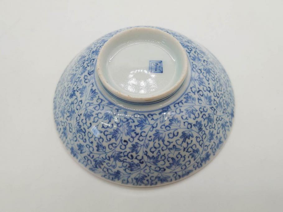 江戸期　古伊万里　微塵唐草文染付　松竹梅　約12cm　3.8寸　繊細な絵付けが見事な蓋付き茶碗3客セット(和食器、三寸八分)(R-077160)