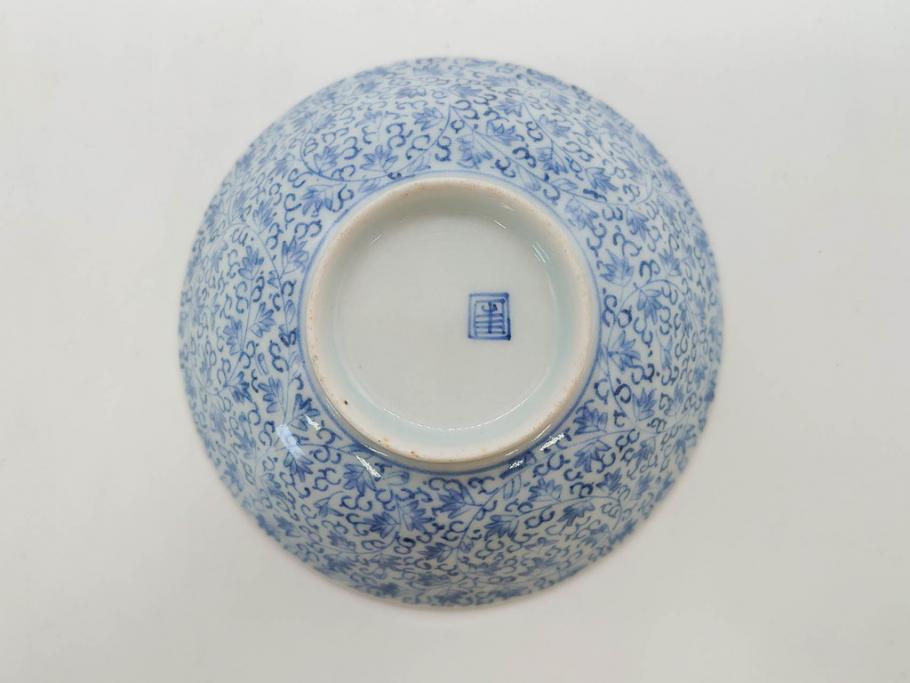 江戸期　古伊万里　微塵唐草文染付　松竹梅　約12cm　3.8寸　繊細な絵付けが見事な蓋付き茶碗3客セット(和食器、三寸八分)(R-077160)