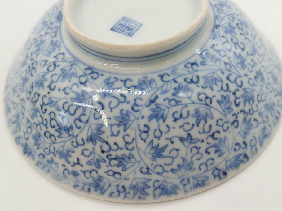 江戸期　古伊万里　微塵唐草文染付　松竹梅　約12cm　3.8寸　繊細な絵付けが見事な蓋付き茶碗3客セット(和食器、三寸八分)(R-077160)