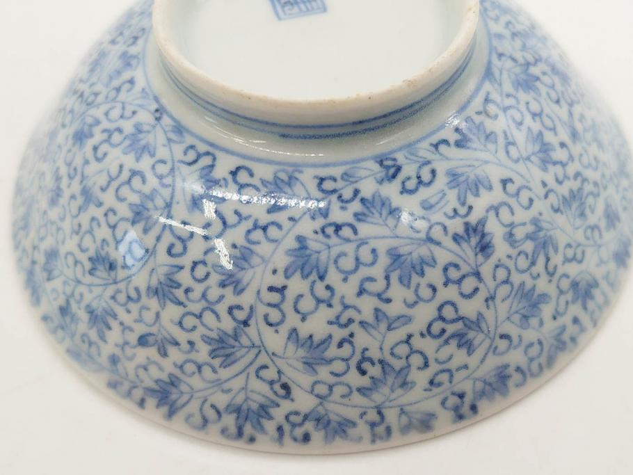 江戸期　古伊万里　微塵唐草文染付　松竹梅　約12cm　3.8寸　繊細な絵付けが見事な蓋付き茶碗3客セット(和食器、三寸八分)(R-077160)