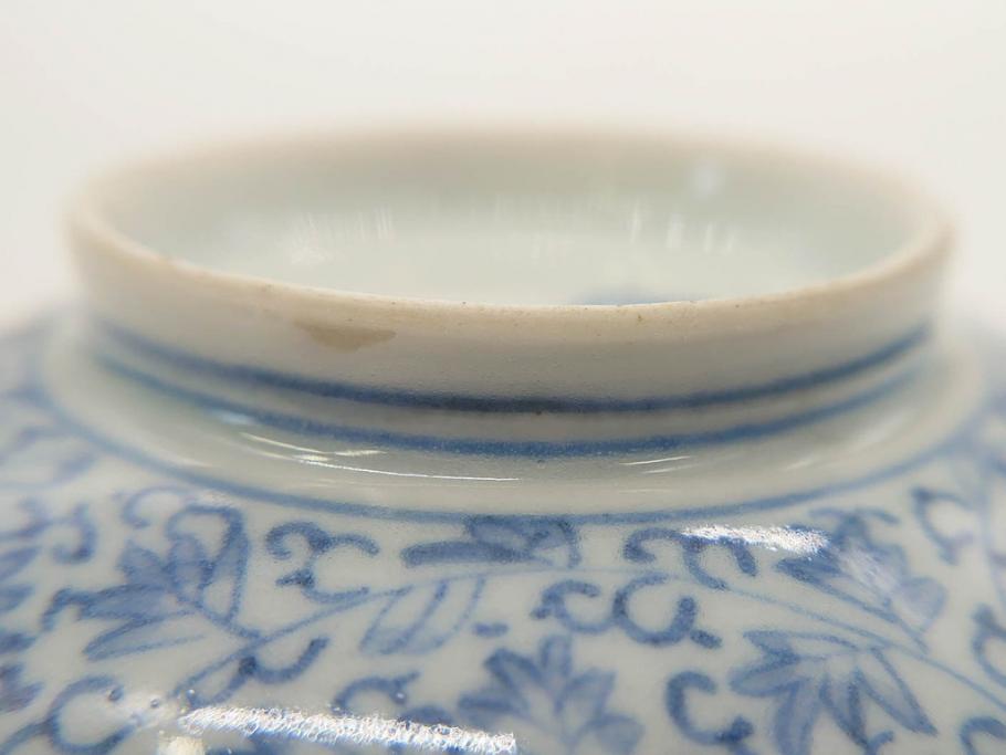 江戸期　古伊万里　微塵唐草文染付　松竹梅　約12cm　3.8寸　繊細な絵付けが見事な蓋付き茶碗3客セット(和食器、三寸八分)(R-077160)