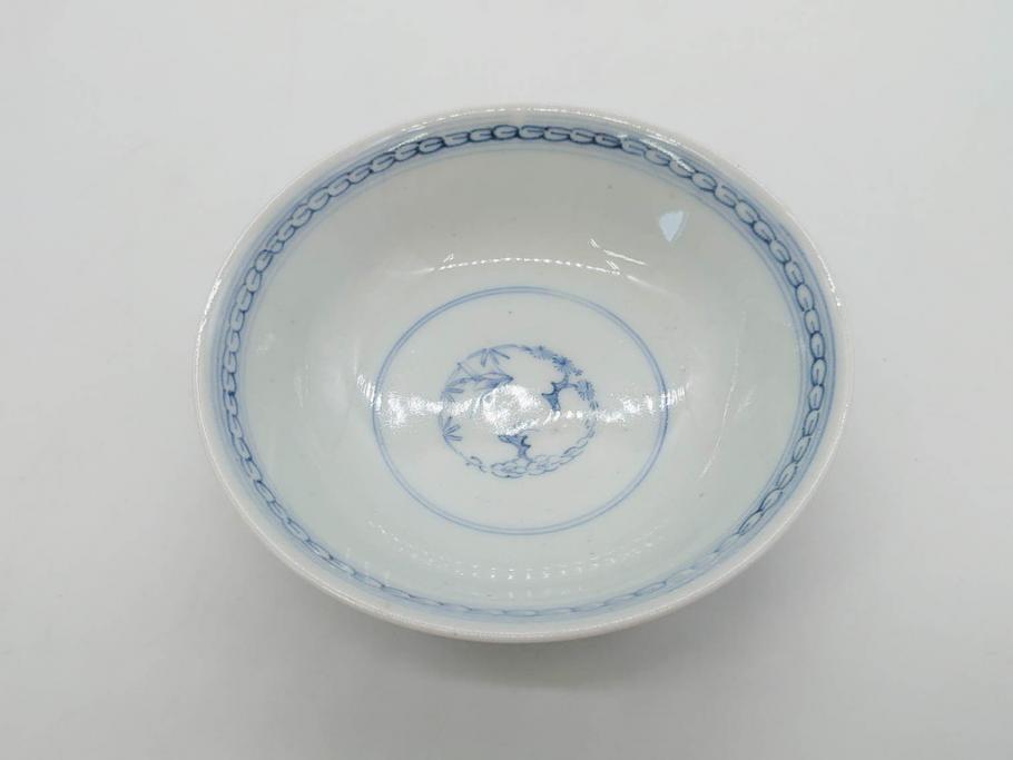 江戸期　古伊万里　微塵唐草文染付　松竹梅　約12cm　3.8寸　繊細な絵付けが見事な蓋付き茶碗3客セット(和食器、三寸八分)(R-077160)