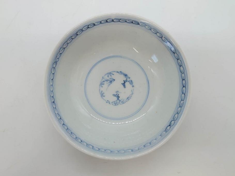 江戸期　古伊万里　微塵唐草文染付　松竹梅　約12cm　3.8寸　繊細な絵付けが見事な蓋付き茶碗3客セット(和食器、三寸八分)(R-077160)