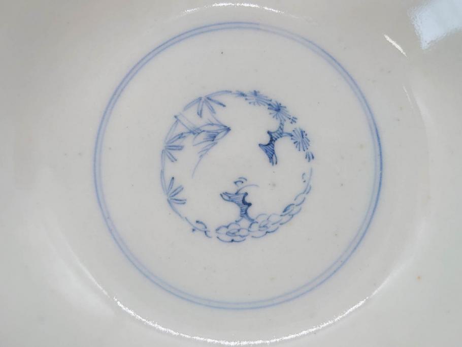 江戸期　古伊万里　微塵唐草文染付　松竹梅　約12cm　3.8寸　繊細な絵付けが見事な蓋付き茶碗3客セット(和食器、三寸八分)(R-077160)