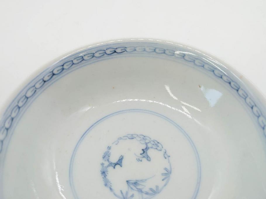 江戸期　古伊万里　微塵唐草文染付　松竹梅　約12cm　3.8寸　繊細な絵付けが見事な蓋付き茶碗3客セット(和食器、三寸八分)(R-077160)
