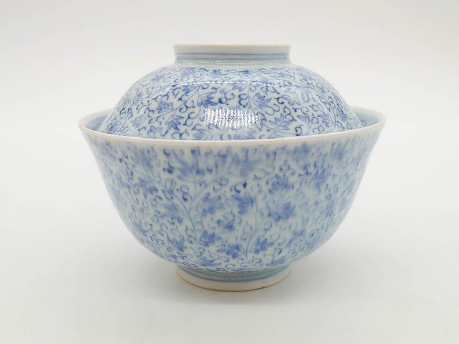 江戸期　古伊万里　微塵唐草文染付　松竹梅　約12cm　3.8寸　繊細な絵付けが見事な蓋付き茶碗3客セット(和食器、三寸八分)(R-077160)