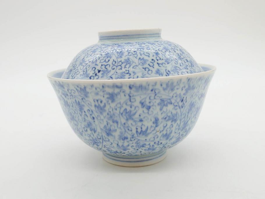 江戸期　古伊万里　微塵唐草文染付　松竹梅　約12cm　3.8寸　繊細な絵付けが見事な蓋付き茶碗3客セット(和食器、三寸八分)(R-077160)