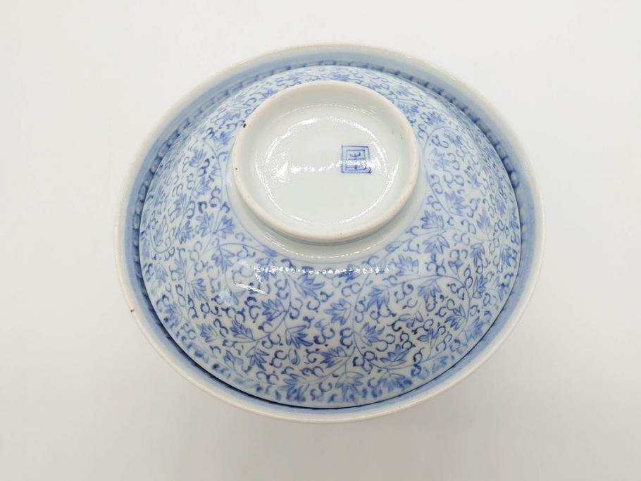 江戸期　古伊万里　微塵唐草文染付　松竹梅　約12cm　3.8寸　繊細な絵付けが見事な蓋付き茶碗3客セット(和食器、三寸八分)(R-077160)