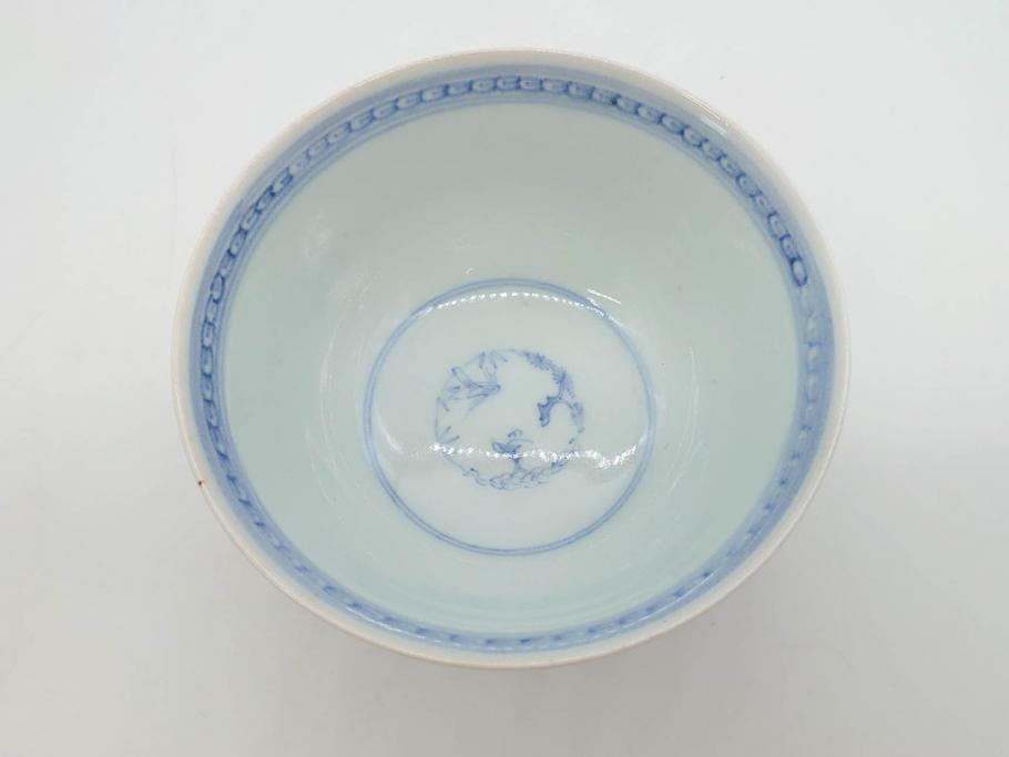 江戸期　古伊万里　微塵唐草文染付　松竹梅　約12cm　3.8寸　繊細な絵付けが見事な蓋付き茶碗3客セット(和食器、三寸八分)(R-077160)