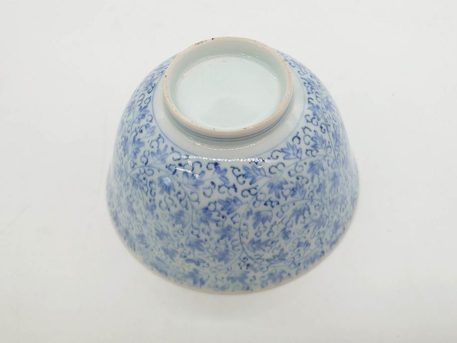 江戸期　古伊万里　微塵唐草文染付　松竹梅　約12cm　3.8寸　繊細な絵付けが見事な蓋付き茶碗3客セット(和食器、三寸八分)(R-077160)