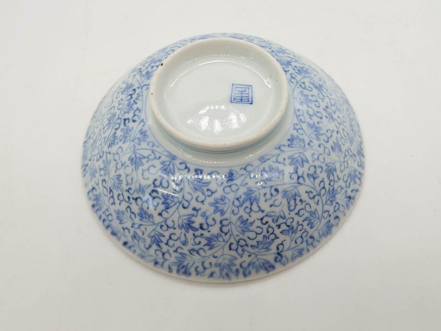江戸期　古伊万里　微塵唐草文染付　松竹梅　約12cm　3.8寸　繊細な絵付けが見事な蓋付き茶碗3客セット(和食器、三寸八分)(R-077160)