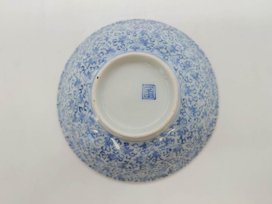 江戸期　古伊万里　微塵唐草文染付　松竹梅　約12cm　3.8寸　繊細な絵付けが見事な蓋付き茶碗3客セット(和食器、三寸八分)(R-077160)