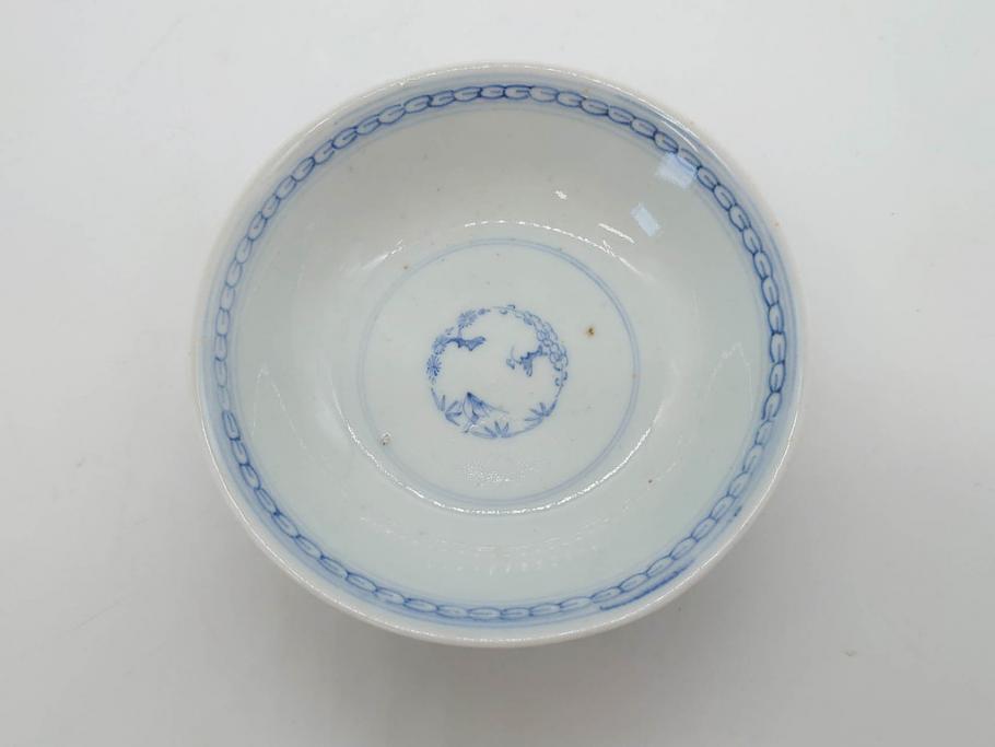 江戸期　古伊万里　微塵唐草文染付　松竹梅　約12cm　3.8寸　繊細な絵付けが見事な蓋付き茶碗3客セット(和食器、三寸八分)(R-077160)