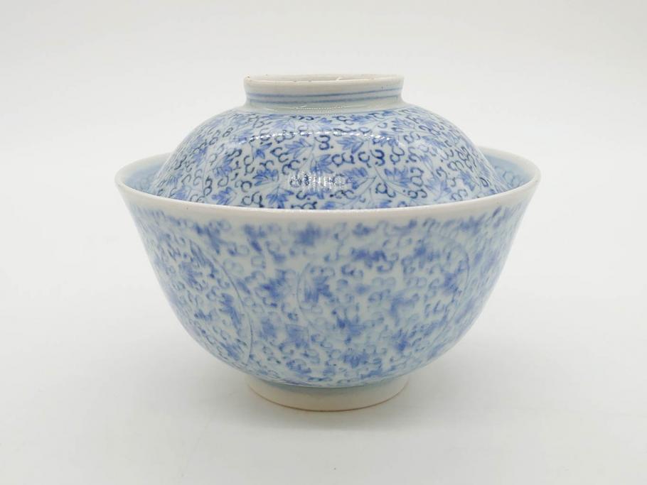 江戸期　古伊万里　微塵唐草文染付　松竹梅　約12cm　3.8寸　繊細な絵付けが見事な蓋付き茶碗3客セット(和食器、三寸八分)(R-077160)