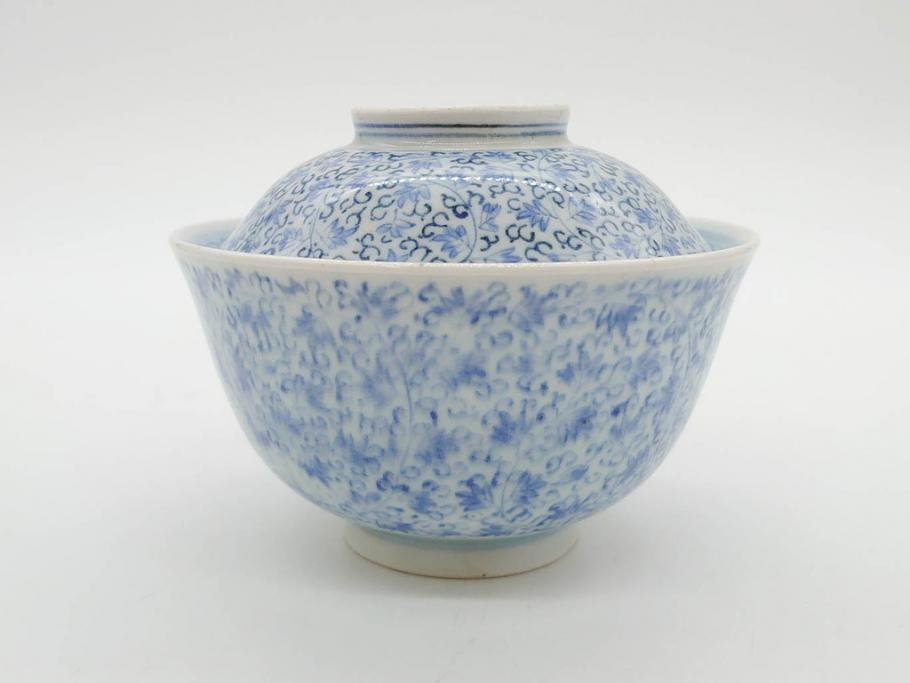 江戸期　古伊万里　微塵唐草文染付　松竹梅　約12cm　3.8寸　繊細な絵付けが見事な蓋付き茶碗3客セット(和食器、三寸八分)(R-077160)