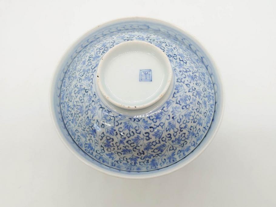 江戸期　古伊万里　微塵唐草文染付　松竹梅　約12cm　3.8寸　繊細な絵付けが見事な蓋付き茶碗3客セット(和食器、三寸八分)(R-077160)