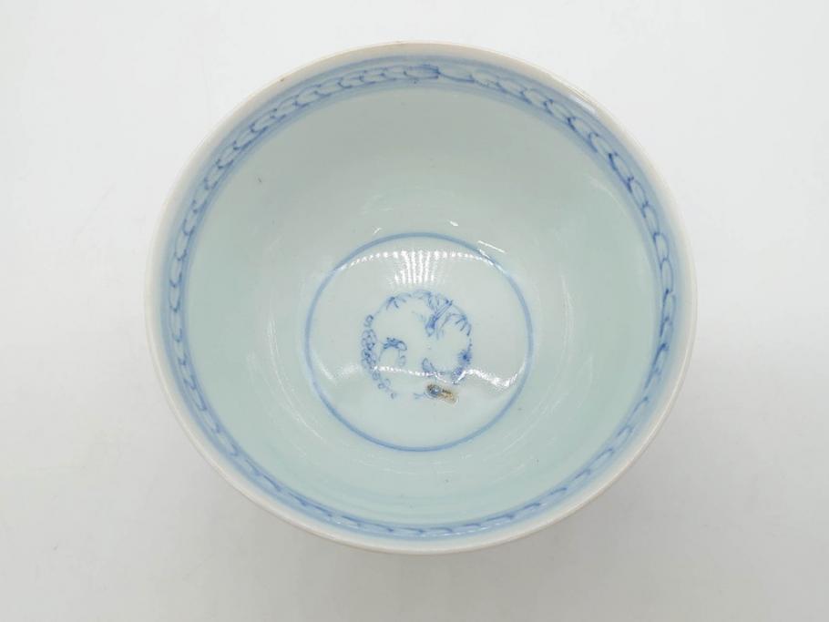 江戸期　古伊万里　微塵唐草文染付　松竹梅　約12cm　3.8寸　繊細な絵付けが見事な蓋付き茶碗3客セット(和食器、三寸八分)(R-077160)