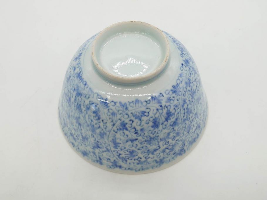 江戸期　古伊万里　微塵唐草文染付　松竹梅　約12cm　3.8寸　繊細な絵付けが見事な蓋付き茶碗3客セット(和食器、三寸八分)(R-077160)